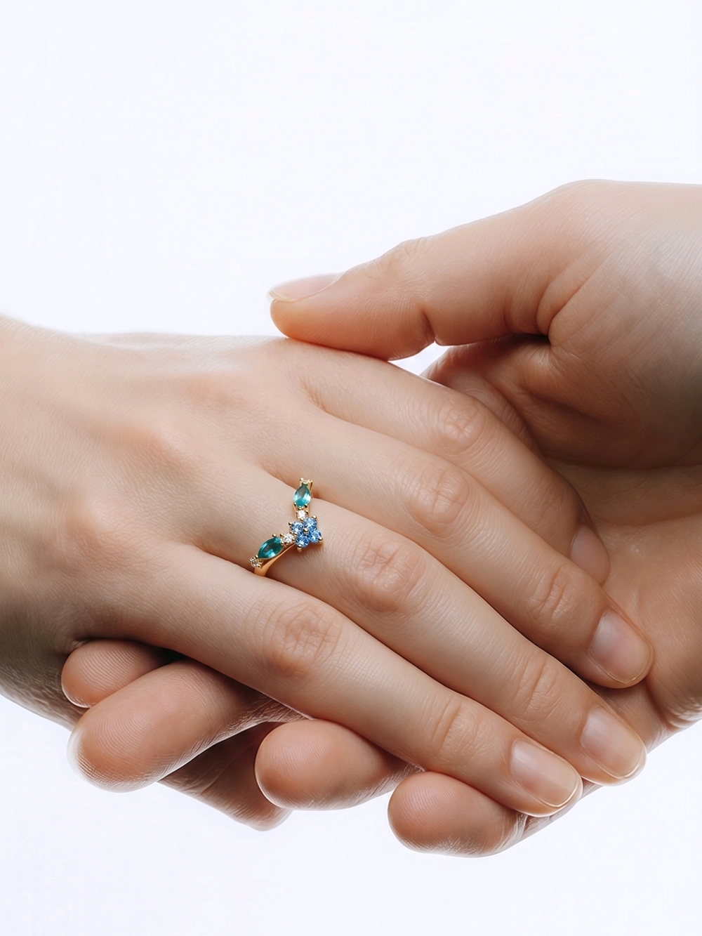 Gold Ring with Teal and Light Blue Gemstones - Women Jewelry